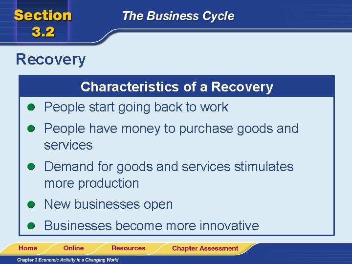 Recovery Characteristics of a Recovery People start going back to work People have money