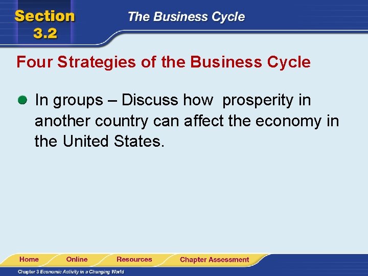 Four Strategies of the Business Cycle In groups – Discuss how prosperity in another