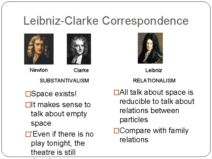 Leibniz-Clarke Correspondence Newton Clarke SUBSTANTIVALISM �Space exists! �It makes sense to talk about empty