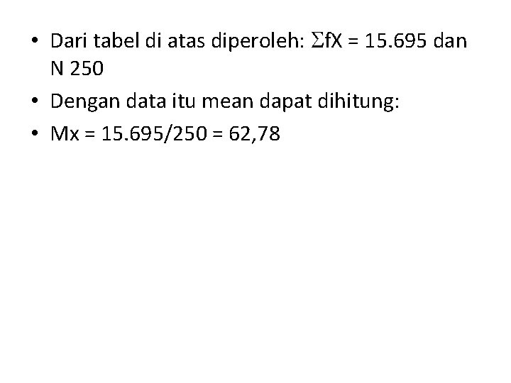  • Dari tabel di atas diperoleh: f. X = 15. 695 dan N