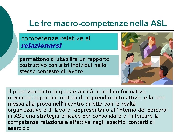 Le tre macro-competenze nella ASL competenze relative al relazionarsi permettono di stabilire un rapporto