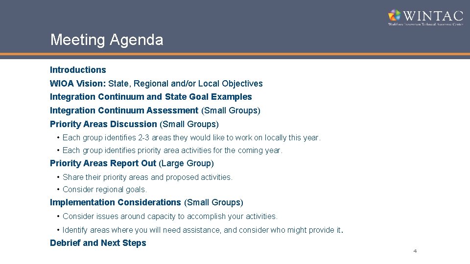 Meeting Agenda Introductions WIOA Vision: State, Regional and/or Local Objectives Integration Continuum and State