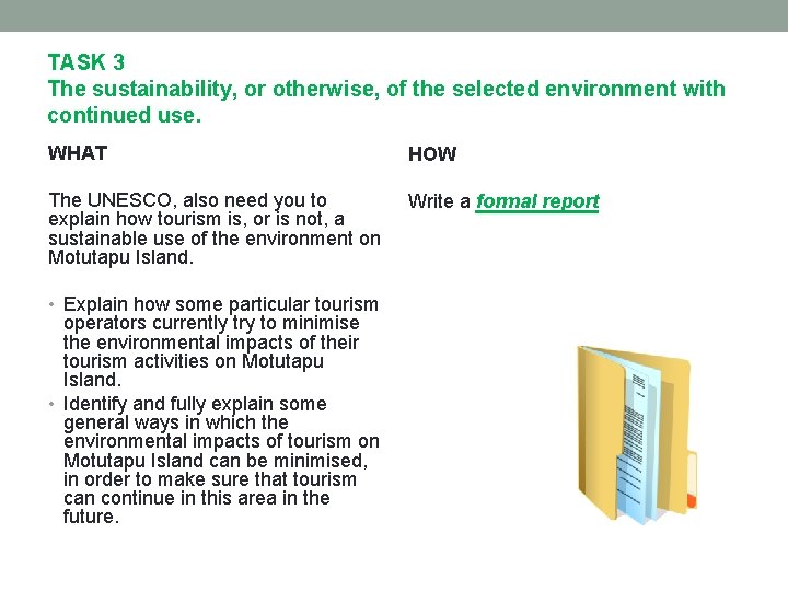 TASK 3 The sustainability, or otherwise, of the selected environment with continued use. WHAT