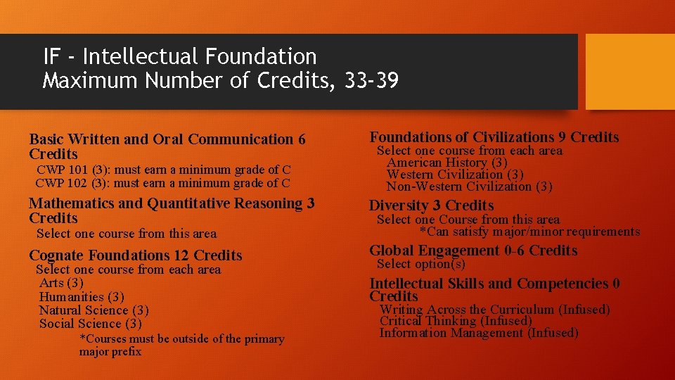 IF - Intellectual Foundation Maximum Number of Credits, 33 -39 Basic Written and Oral