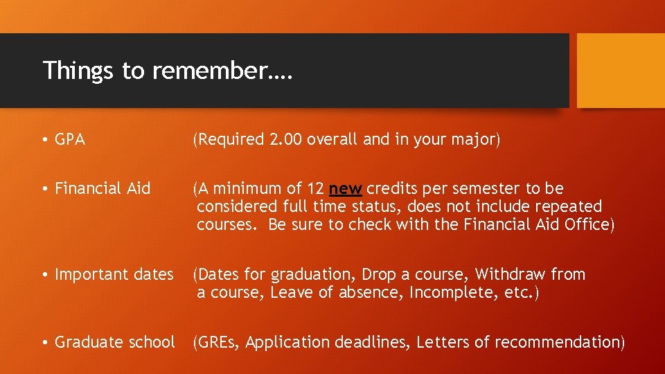 Things to remember…. • GPA (Required 2. 00 overall and in your major) •