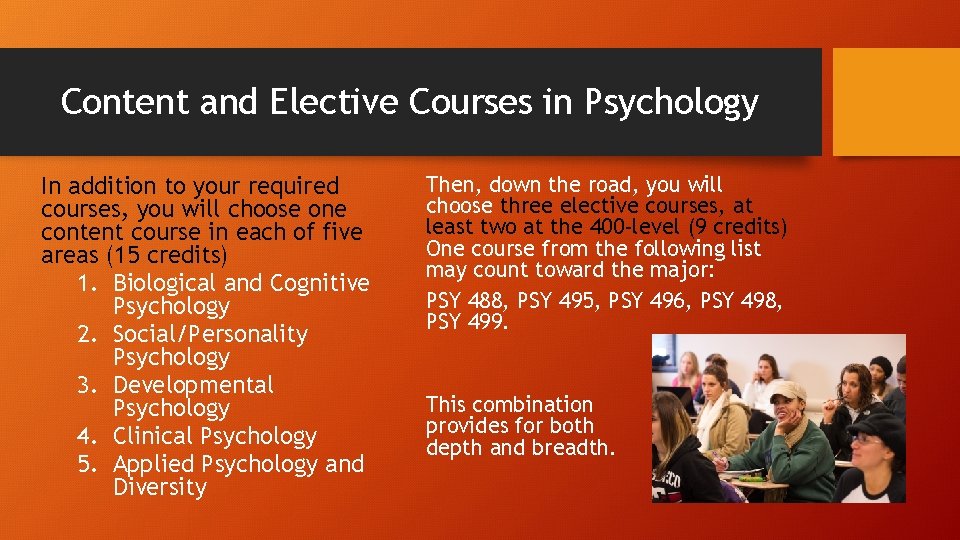 Content and Elective Courses in Psychology In addition to your required courses, you will