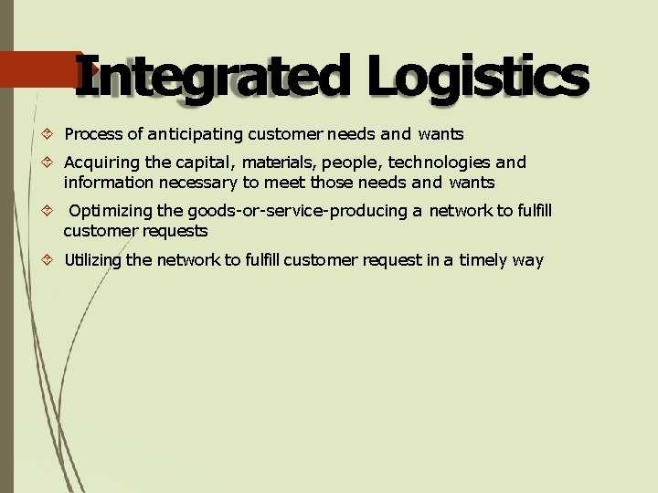 Integrated Logistics Process of anticipating customer needs and wants Acquiring the capital, materials, people,