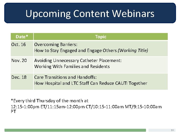 Upcoming Content Webinars Date* Topic Oct. 16 Overcoming Barriers: How to Stay Engaged and