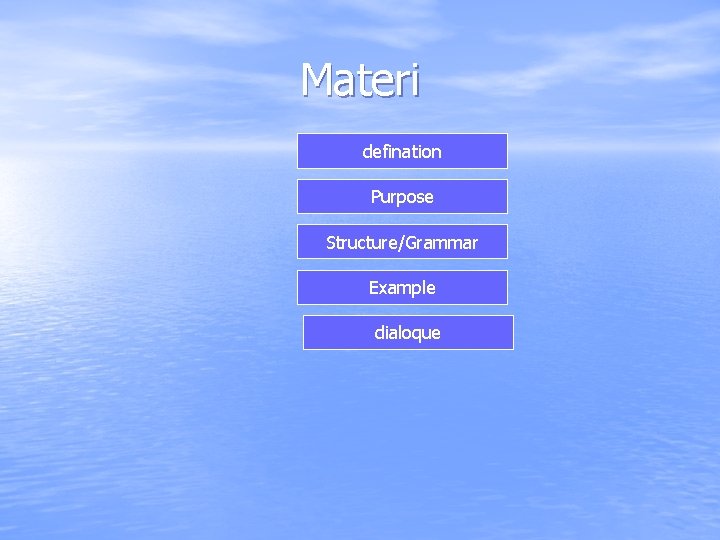 Materi defination Purpose Structure/Grammar Example dialoque 
