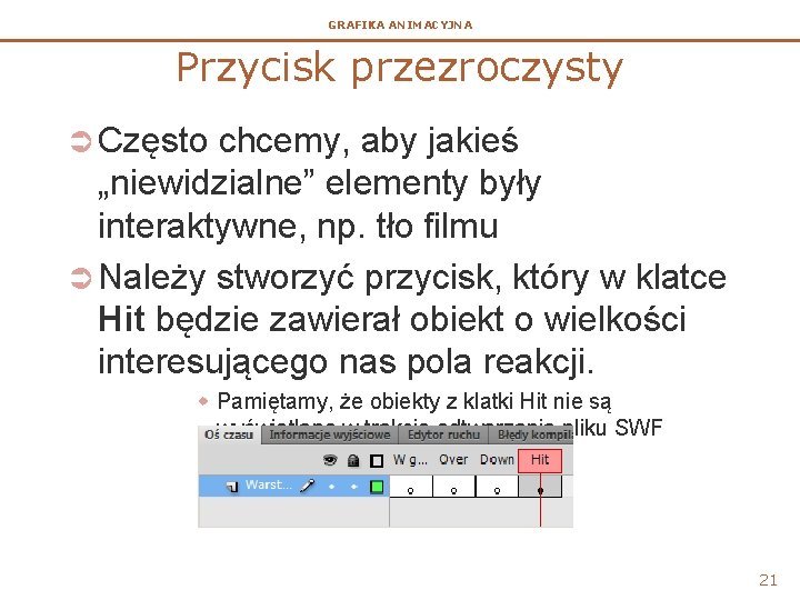 GRAFIKA ANIMACYJNA Przycisk przezroczysty Ü Często chcemy, aby jakieś „niewidzialne” elementy były interaktywne, np.