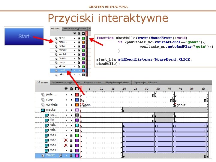 GRAFIKA ANIMACYJNA Przyciski interaktywne function show. Hello(event: Mouse. Event): void{ if (powitanie_mc. current. Label=="goout"){