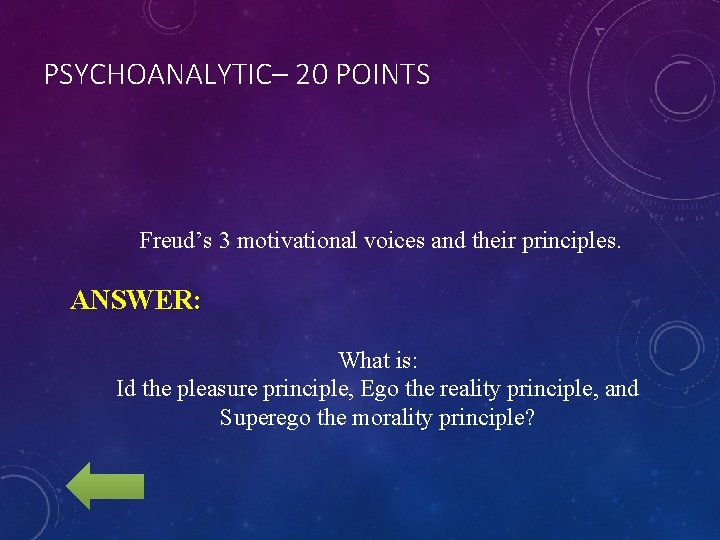 PSYCHOANALYTIC– 20 POINTS Freud’s 3 motivational voices and their principles. ANSWER: What is: Id
