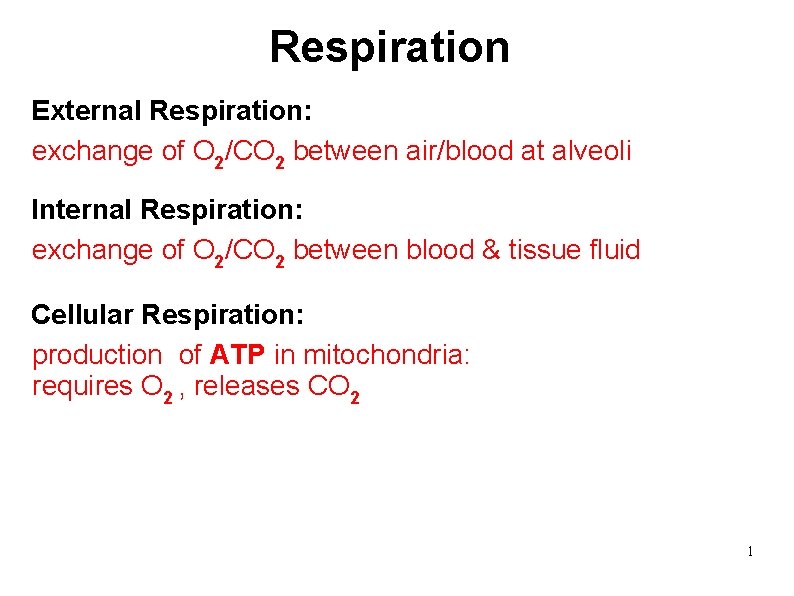 Respiration External Respiration: exchange of O 2/CO 2 between air/blood at alveoli Internal Respiration: