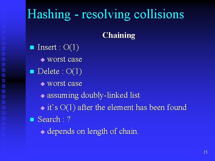 Hashing - resolving collisions Chaining n n n Insert : O(1) u worst case