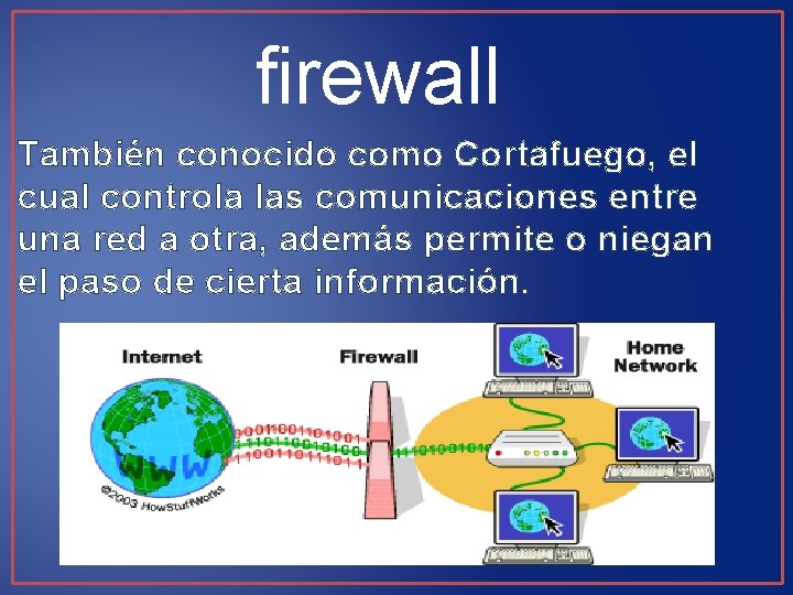 firewall También conocido como Cortafuego, el cual controla las comunicaciones entre una red a