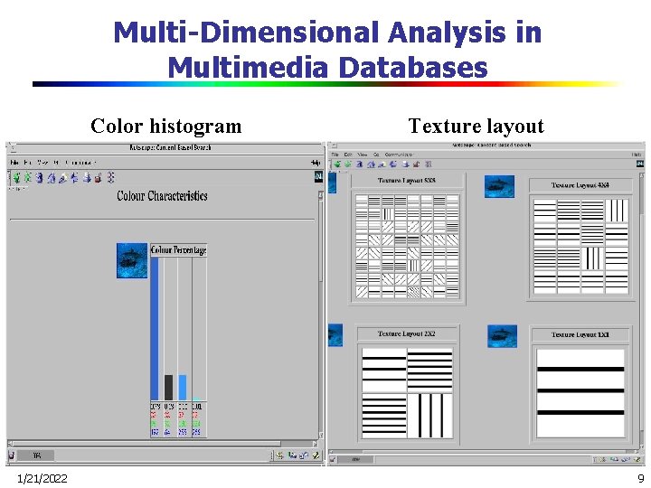 Multi-Dimensional Analysis in Multimedia Databases Color histogram 1/21/2022 Texture layout 9 