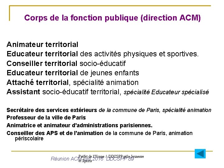 Corps de la fonction publique (direction ACM) Animateur territorial Educateur territorial des activités physiques