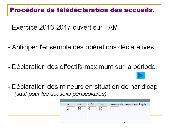 Procédure de télédéclaration des accueils. - Exercice 2016 -2017 ouvert sur TAM. - Anticiper
