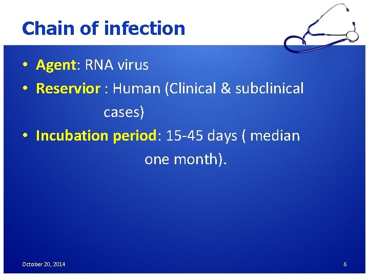 Chain of infection • Agent: RNA virus • Reservior : Human (Clinical & subclinical