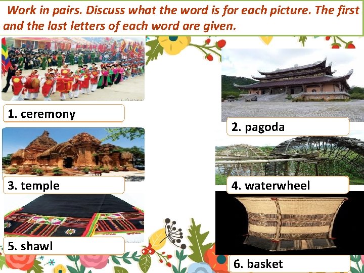 Work in pairs. Discuss what the word is for each picture. The first and