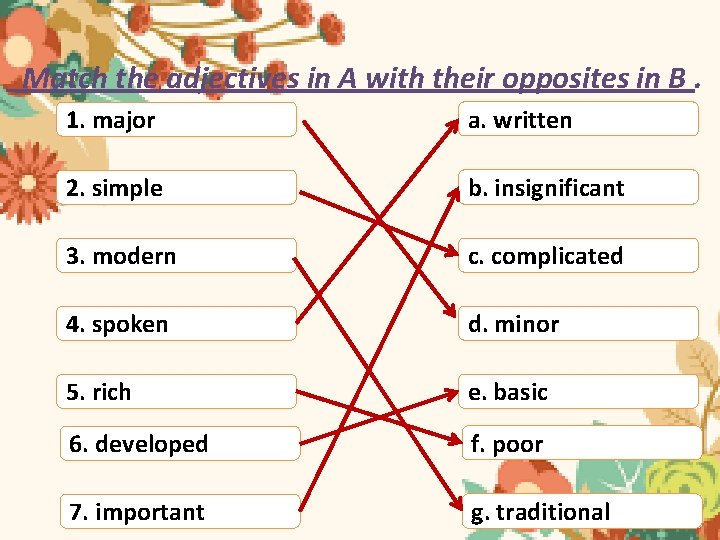 Match the adjectives in A with their opposites in B. 1. major a. written