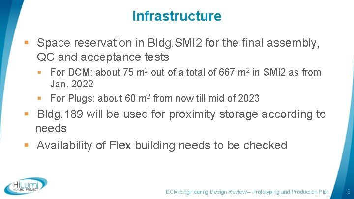 Infrastructure § Space reservation in Bldg. SMI 2 for the final assembly, QC and