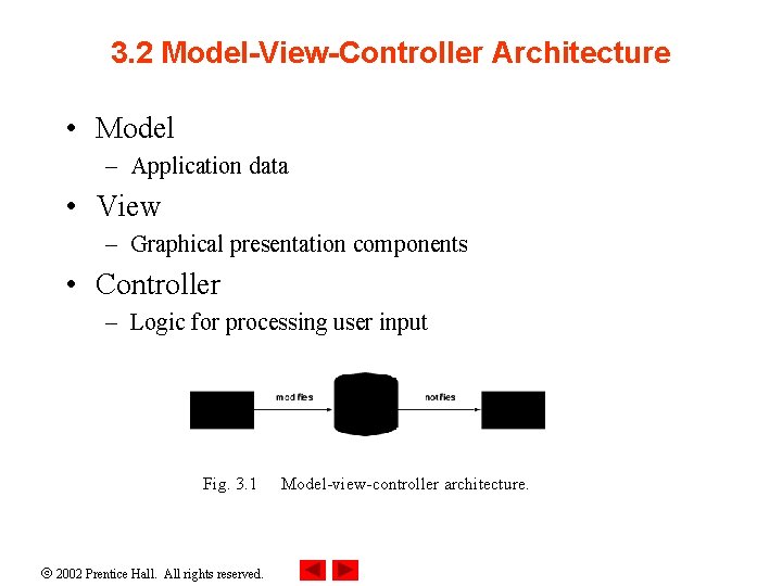 3. 2 Model-View-Controller Architecture • Model – Application data • View – Graphical presentation