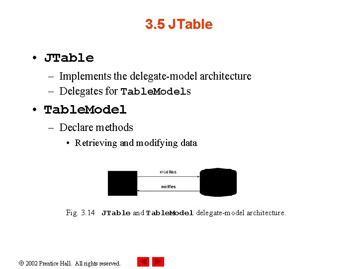 3. 5 JTable • JTable – Implements the delegate-model architecture – Delegates for Table.