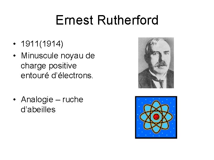 Ernest Rutherford • 1911(1914) • Minuscule noyau de charge positive entouré d’électrons. • Analogie