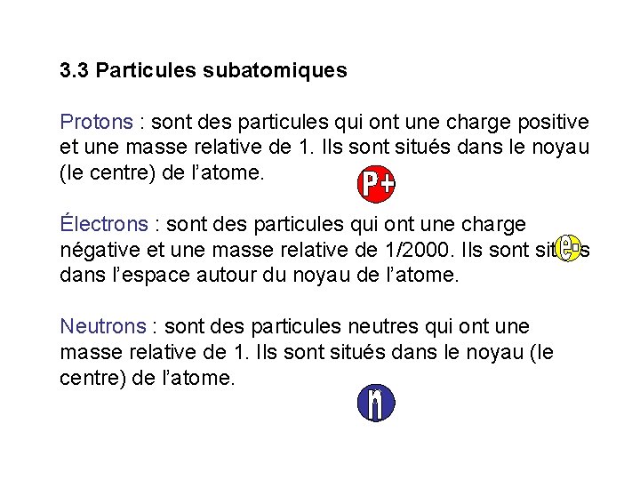 3. 3 Particules subatomiques Protons : sont des particules qui ont une charge positive