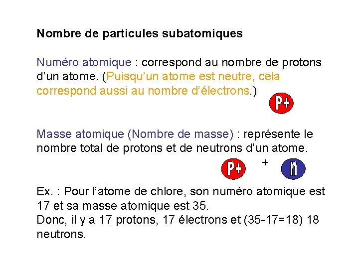 Nombre de particules subatomiques Numéro atomique : correspond au nombre de protons d’un atome.