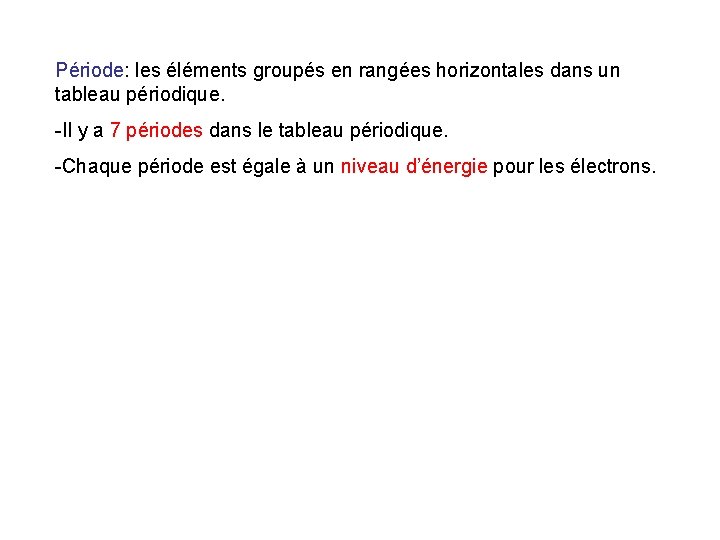 Période: les éléments groupés en rangées horizontales dans un tableau périodique. -Il y a