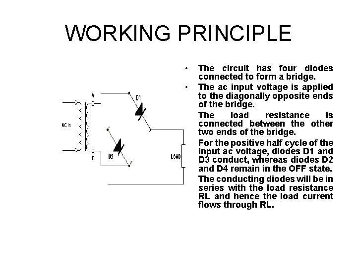 WORKING PRINCIPLE • • • The circuit has four diodes connected to form a