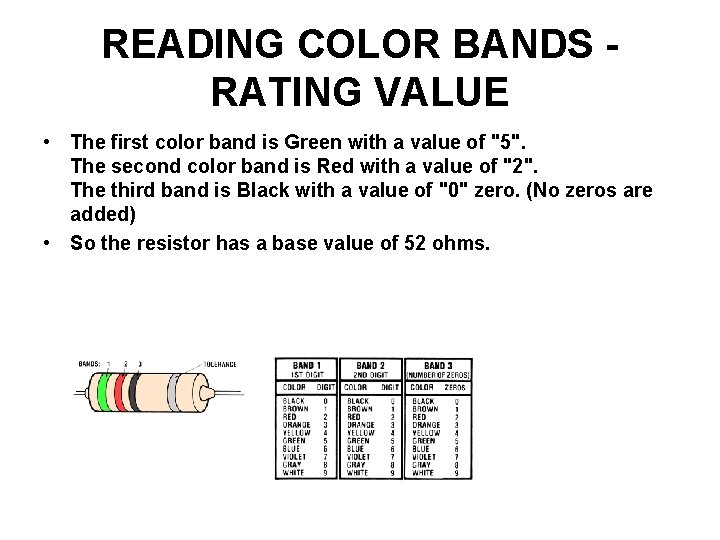 READING COLOR BANDS RATING VALUE • The first color band is Green with a
