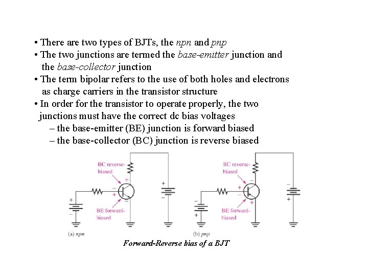  • There are two types of BJTs, the npn and pnp • The