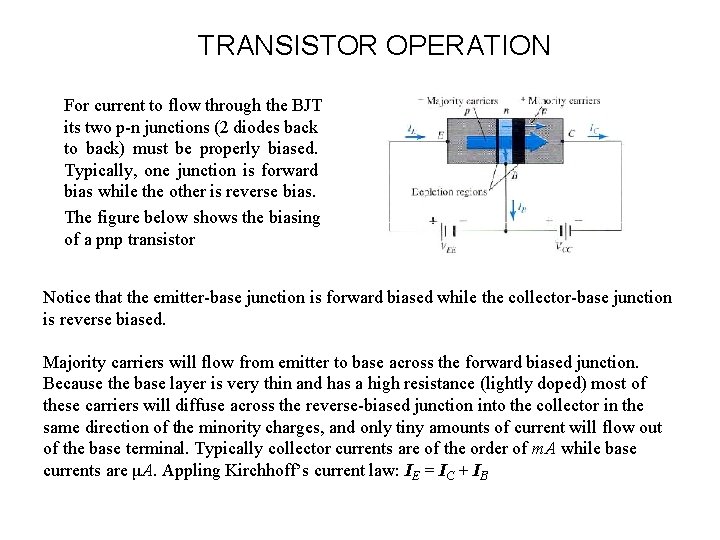 TRANSISTOR OPERATION For current to flow through the BJT its two p-n junctions (2