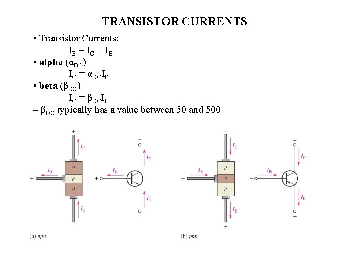 TRANSISTOR CURRENTS • Transistor Currents: IE = I C + I B • alpha