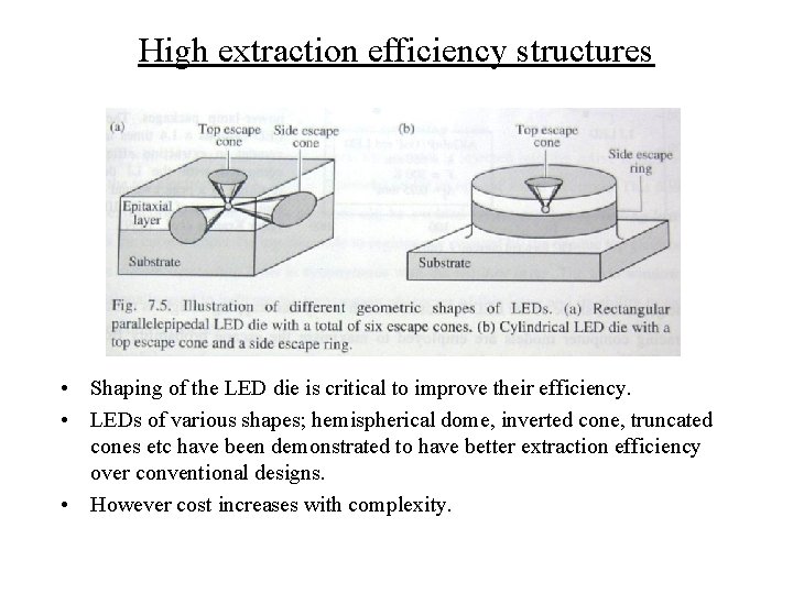 High extraction efficiency structures • Shaping of the LED die is critical to improve