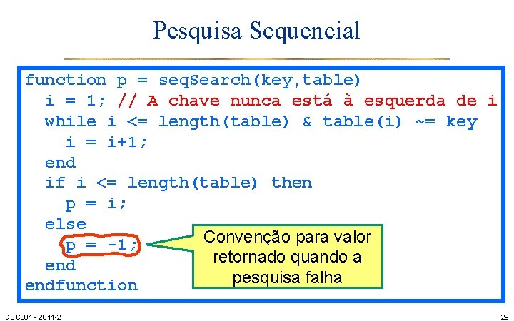 Pesquisa Sequencial function p = seq. Search(key, table) i = 1; // A chave