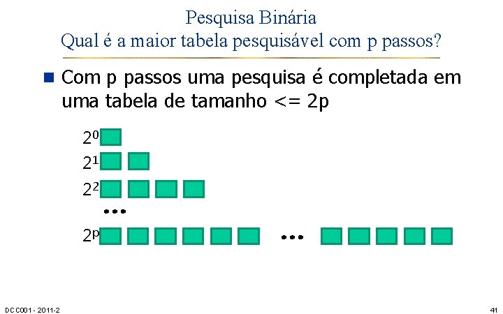 Pesquisa Binária Qual é a maior tabela pesquisável com p passos? n Com p