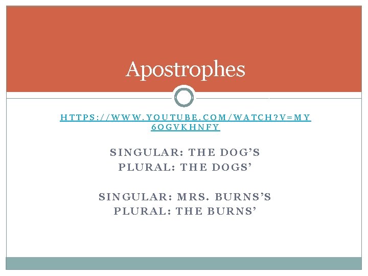 Apostrophes HTTPS: //WWW. YOUTUBE. COM/WATCH? V=MY 6 OGVKHNFY SINGULAR: THE DOG’S PLURAL: THE DOGS’