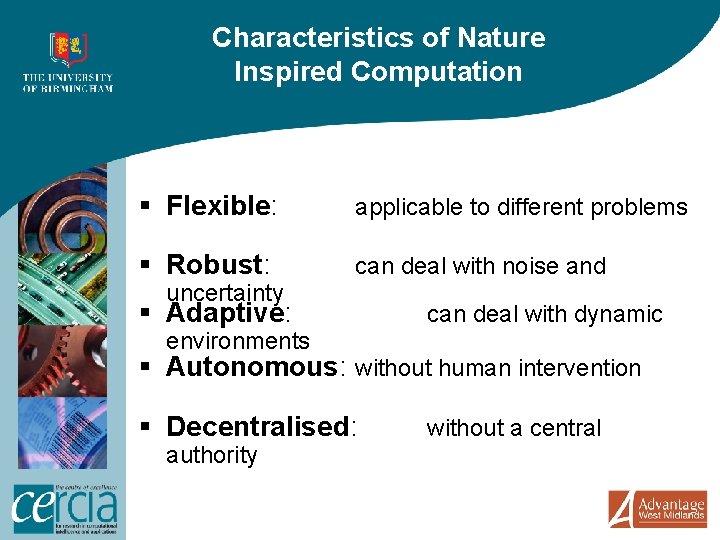 Characteristics of Nature Inspired Computation § Flexible: applicable to different problems § Robust: can