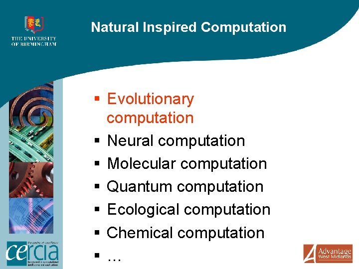 Natural Inspired Computation § Evolutionary computation § Neural computation § Molecular computation § Quantum