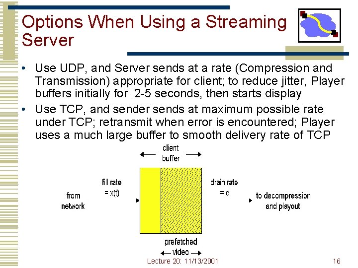 Options When Using a Streaming Server • Use UDP, and Server sends at a