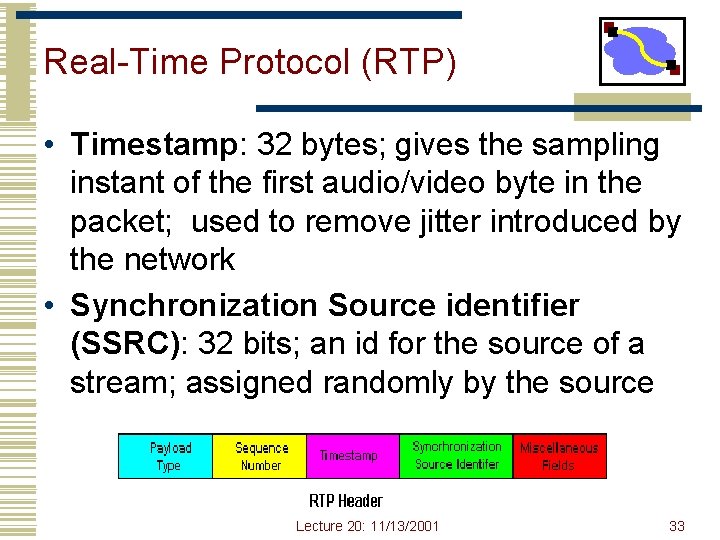 Real-Time Protocol (RTP) • Timestamp: 32 bytes; gives the sampling instant of the first