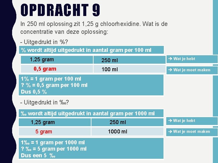 OPDRACHT 9 In 250 ml oplossing zit 1, 25 g chloorhexidine. Wat is de