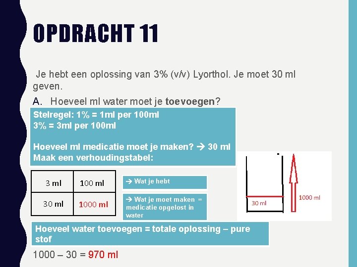 OPDRACHT 11 Je hebt een oplossing van 3% (v/v) Lyorthol. Je moet 30 ml