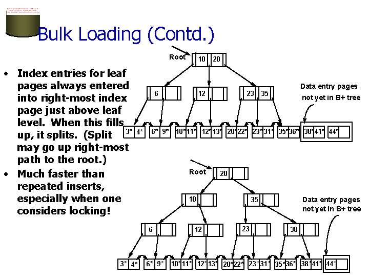 Bulk Loading (Contd. ) Root • Index entries for leaf pages always entered into
