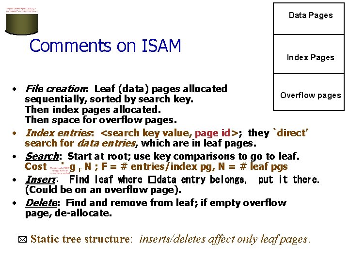 Data Pages Comments on ISAM Index Pages • File creation: Leaf (data) pages allocated