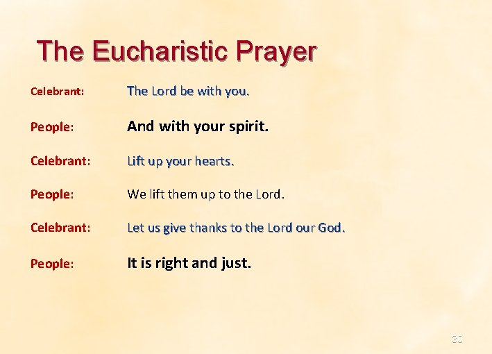 The Eucharistic Prayer Celebrant: The Lord be with you. People: And with your spirit. The Eucharistic Prayer Celebrant: The Lord be with you. People: And with your spirit.